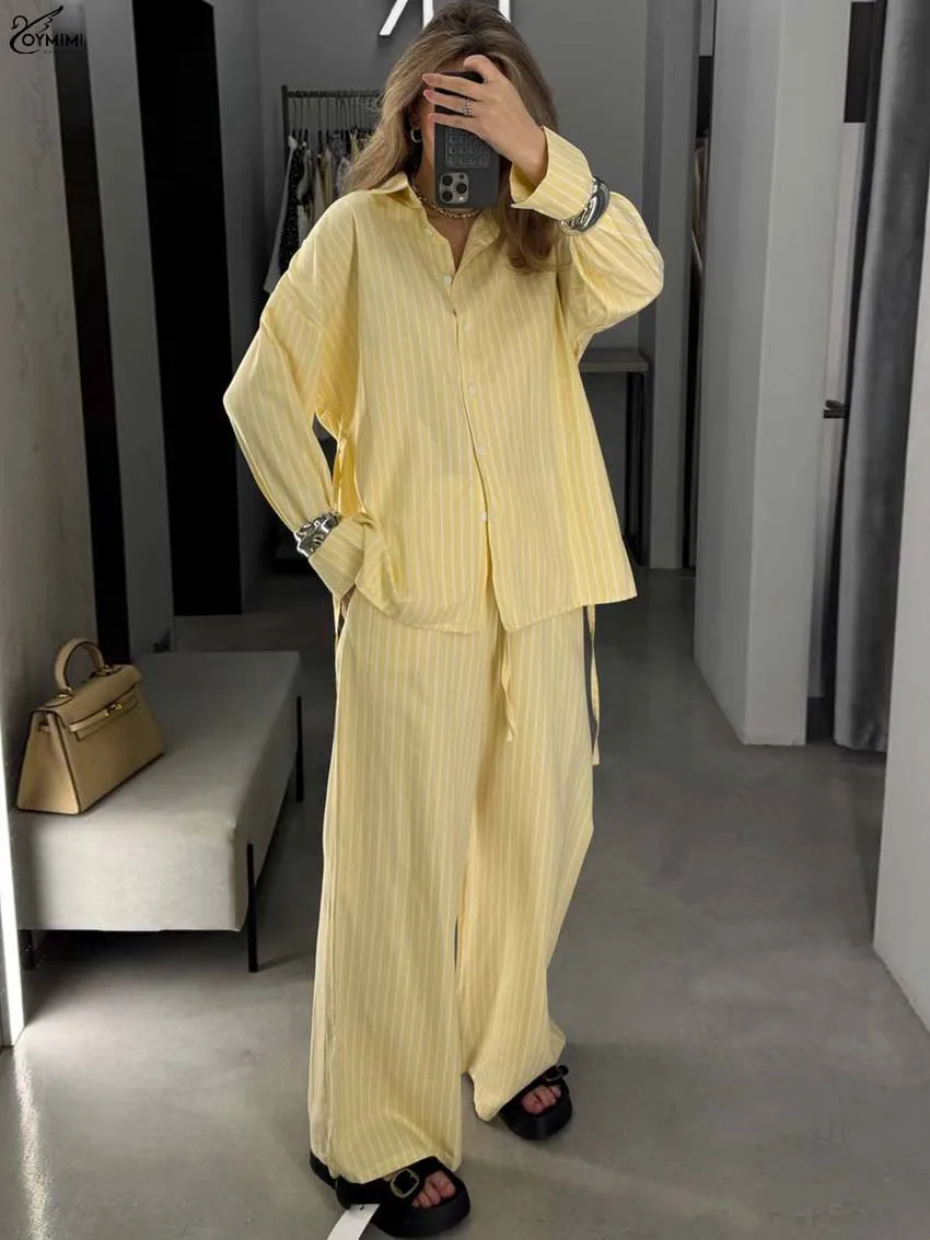 

Oymimi Fashion Yellow Print Two Piece Outfits Woman Elegant Long Sleeve Single Breasted Lace-Up Shirts And Drawstring Pants Sets