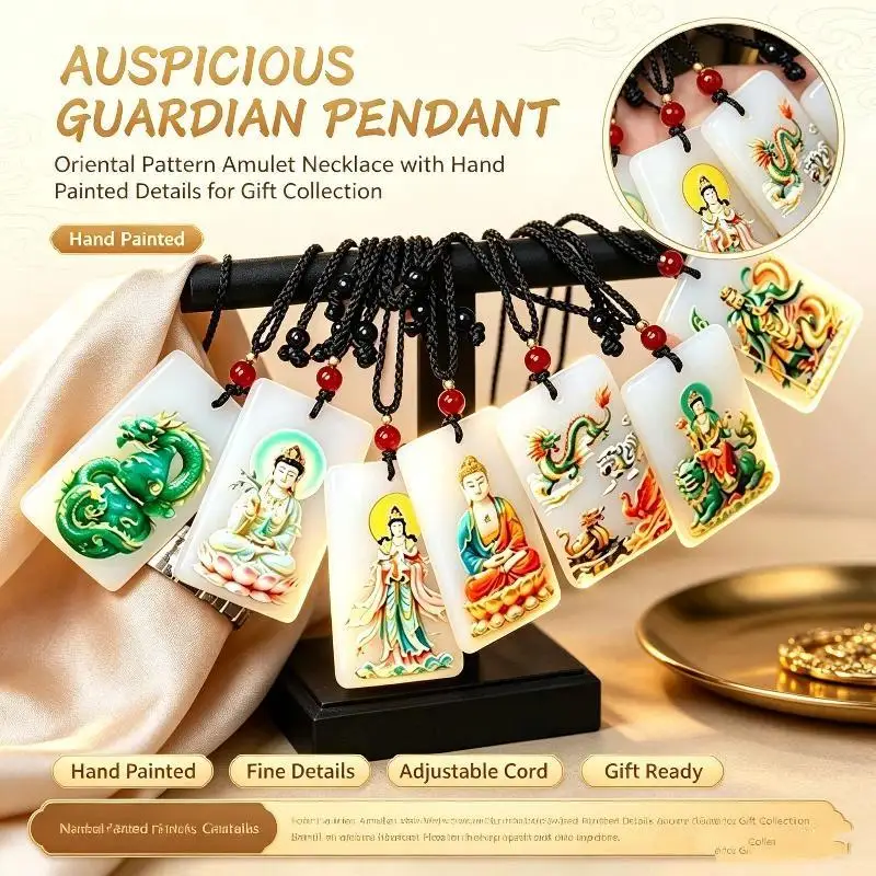 White Glass Guardian Lucky Pendant Hand Painted Auspicious Patterns Delicate Craft Jewelry for Lovers Surprise Present Gifting