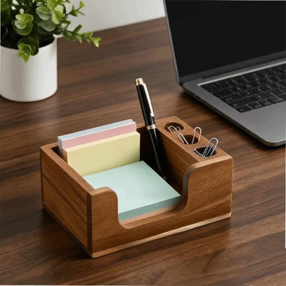 Nordic Style Wooden Desk Organizer 3 Pen Slots Rectangular Sticky Note Holder Non-slip Polished Surface Sticky Note Stand Study