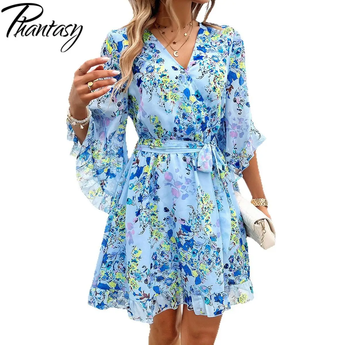Phantasy Women Boho Beach Dresses Casual Simple Style Sexy V Neck Floral Strap Skirt Dress Women's Clothing 2025 Summer