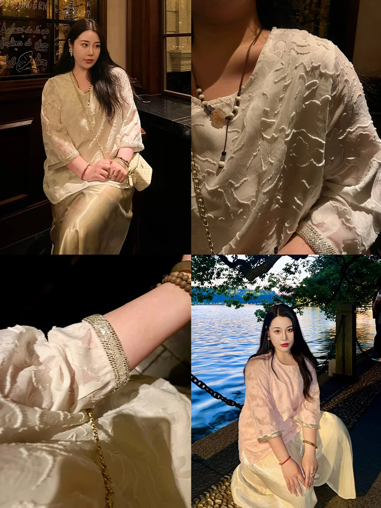 

Женский топ больших размеров irt Oriental Aesthetic Burned Flower, высококачественный топ из бисера и бриллиантов, свободный крой, круглый, Ne Seven Sve Long