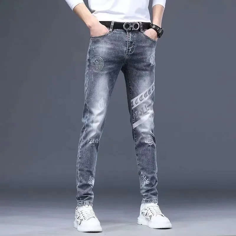 Men's Clothing Spring and Autumn high quality light gray Fashion Brand Tiger Head Hot Drilling Printed Slim Fit Handsome Jeans