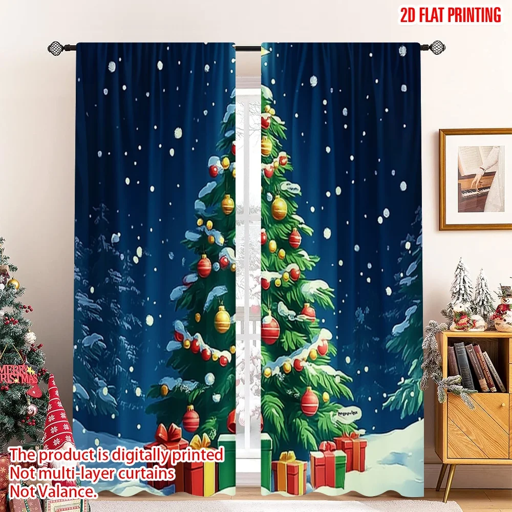 

2pcs 2D flat printing Merry Christmas Window Drapes Festive Christmas Tree Snow (3) Polyester Fabric Without Electricity Party