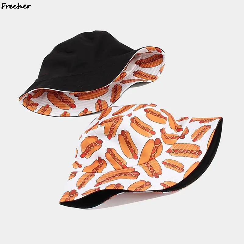 Hot Dog Bucket Hats Summer Sunscreen Panama Breathable Cotton Funny Sun Hats for Women Men Outdoor Hip Hop Cap Hamburger Caps