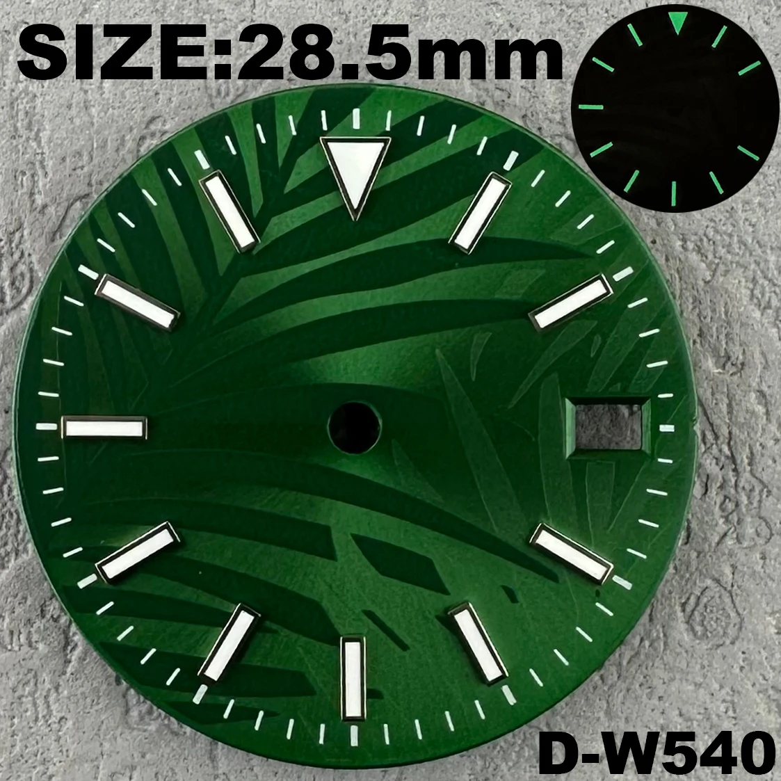 28.5mm orologio foglia modello quadrante logo personalizzato quadrante diamantato quadrante luminoso verde accessori per orologi per movimento NH35/ NH36