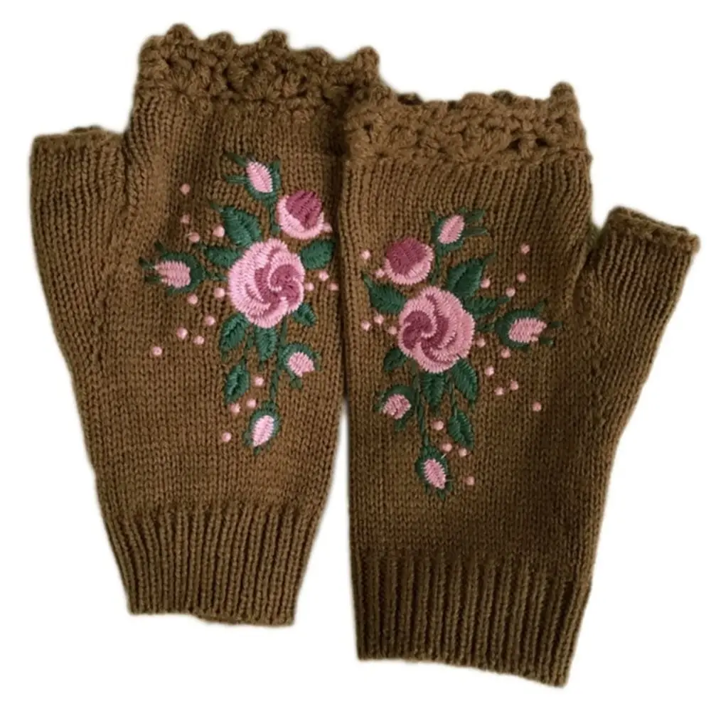 Comfortable Floral Bee Embroidery Knitted Fingerless Gloves Keep Warm Thumb Holes Flower Mittens Fingerless Gloves Winter