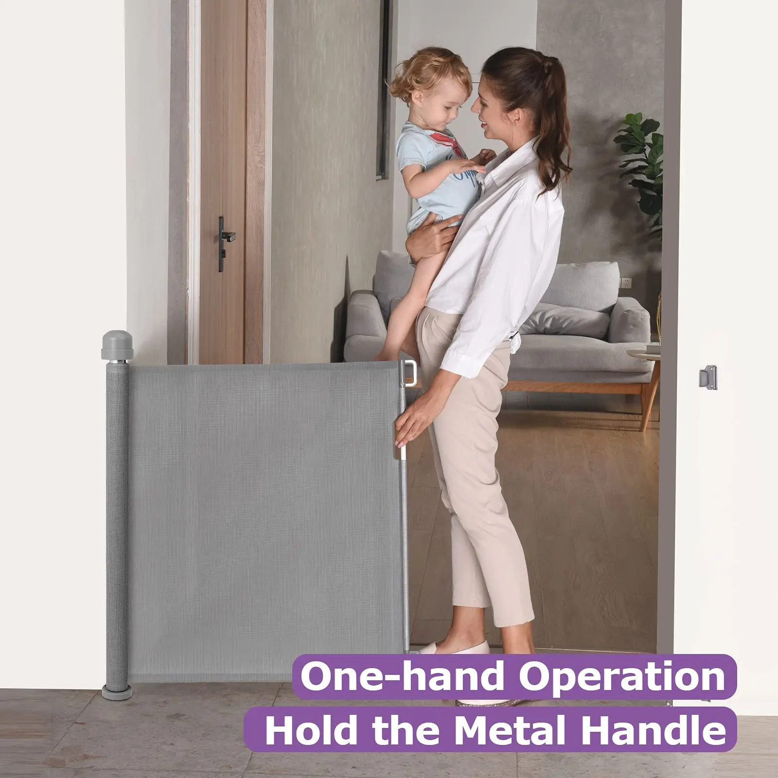 

Retractable Baby Gate for Doorways Stairs Mesh Safety Gate for Baby Pet Indoor Outdoor Use One-Hand Operation Easy Installation