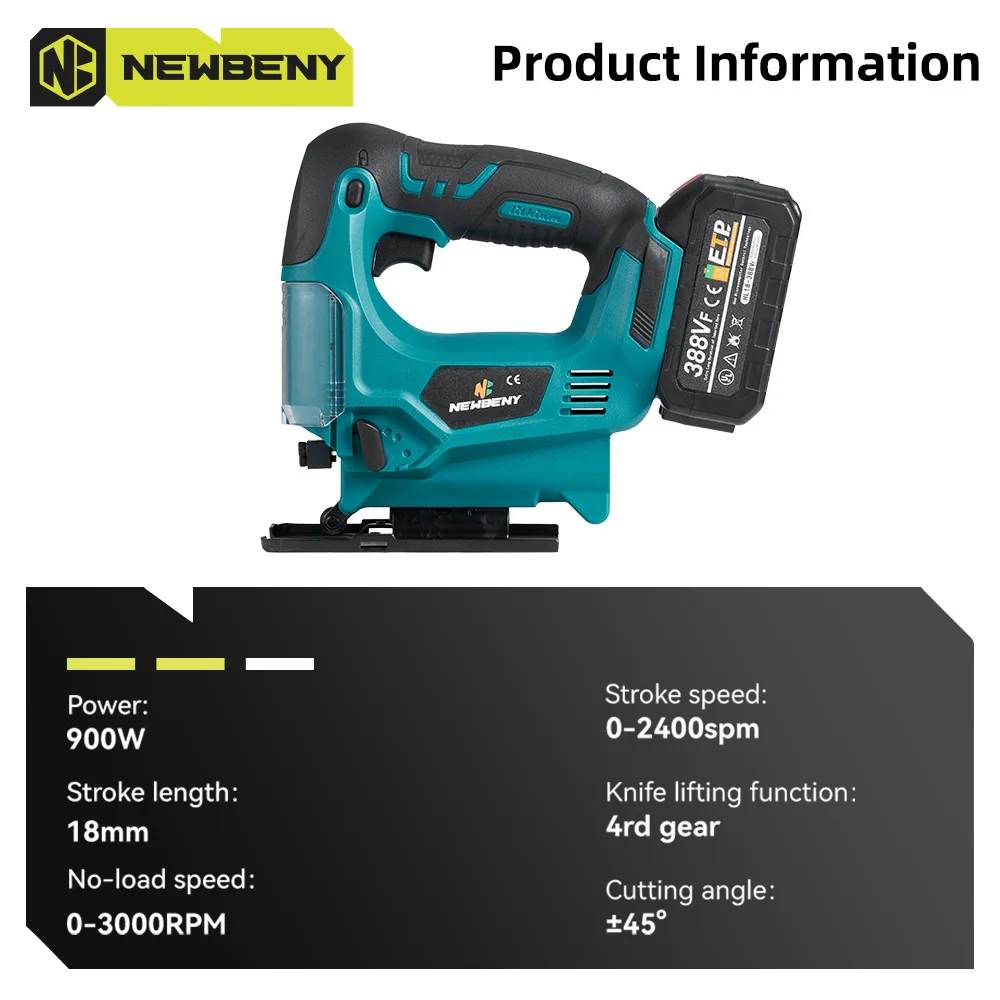 NEWBENY 65mm Cordless Electric Jigsaw Angle Adjustable Multi-Function Efficient Woodworking Tools for Makita 18V-21V Battery