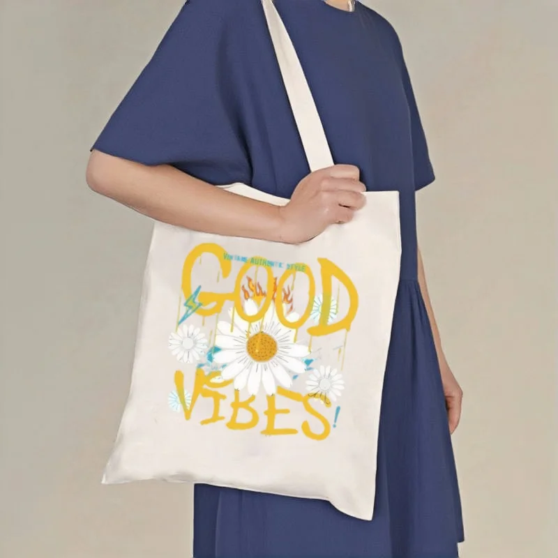 

1pc Streetwear Style "Good Vibes" Canvas Tote Bag, Drippy Yellow Letter Daily Shoulder Bag