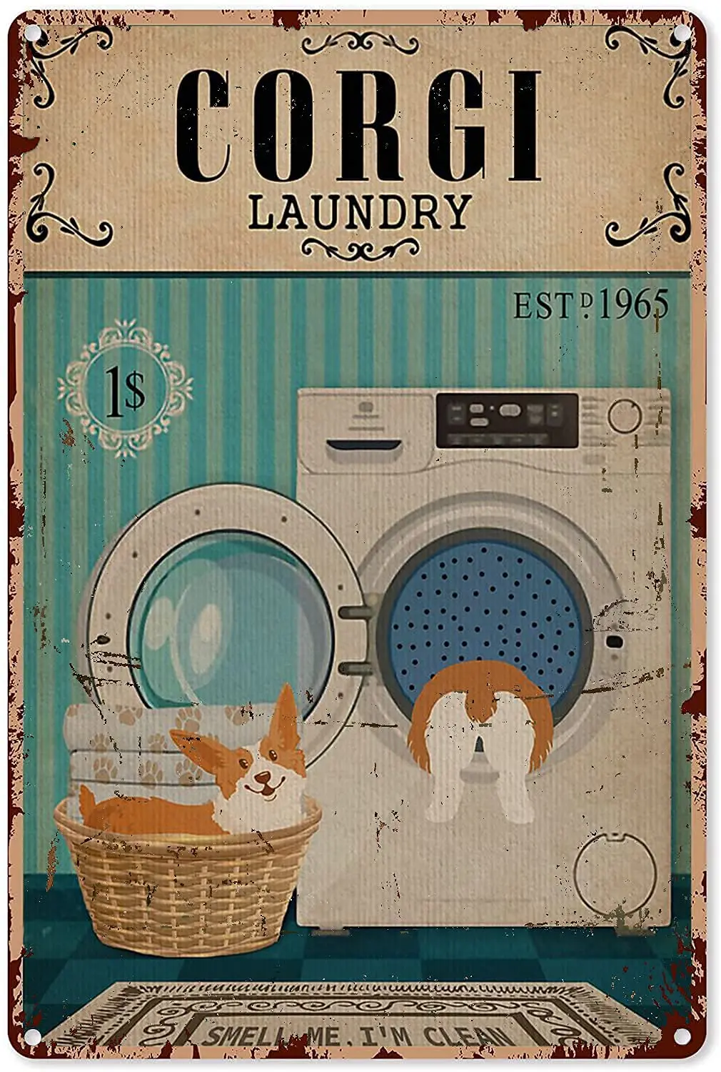 Corgi Laundry Vintage metal Hanging Plaque Funny Washing Machine Poster Wall Decor For Home Laundry Club Bar Poster Wall De sign