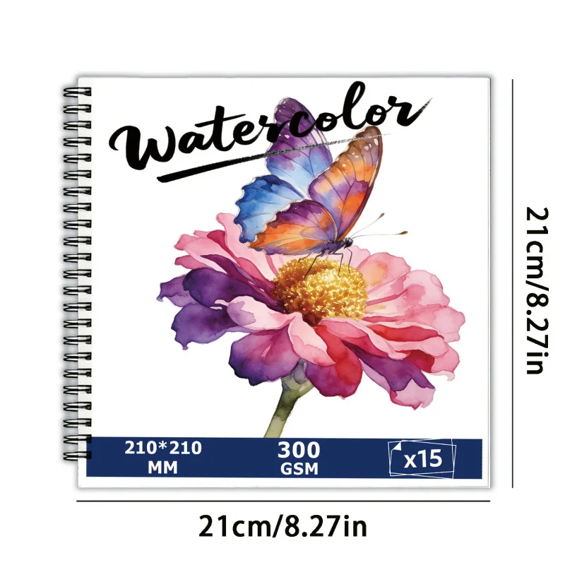 21x21CM Spiral-Bound Watercolor Pad, 15 Pages, 300gsm Heavyweight Paper, Butterfly-Patterned Cover for Artists