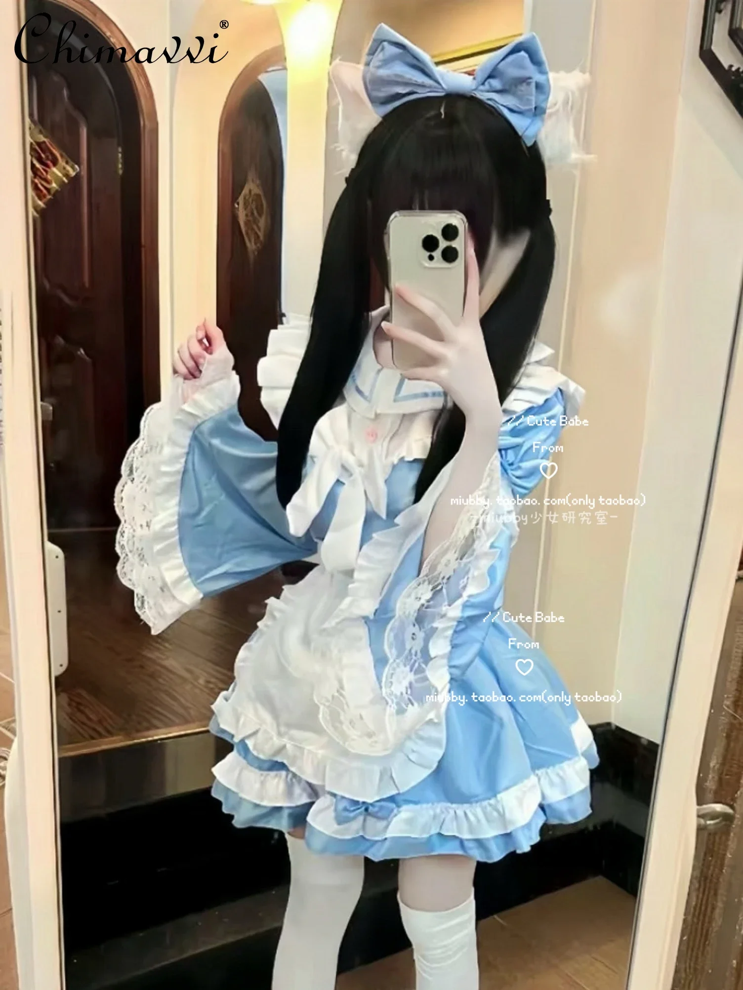 

Japanese Style Kawaii Lolita Blue Maid Cosplay Costume Dress Autumn Sweet and Cute Girl Doll Collar Color Matching Waist Dresses