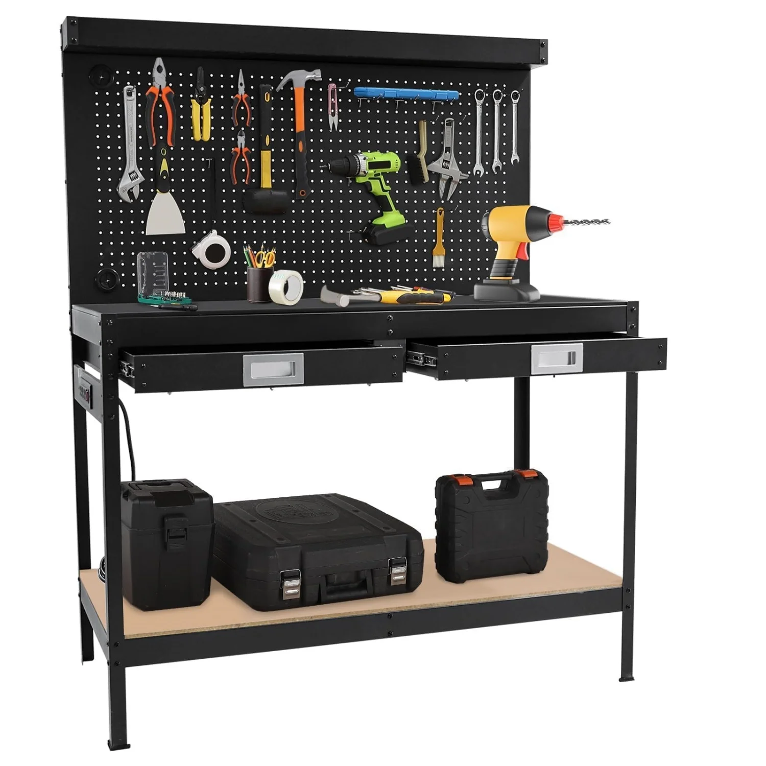 Heavy Duty Adjustable Workbench – Pegboard, 2 Drawers, Under Shelf, Power Outlet, Rubber Wood Top, Rolling Metal Table – Versatile Tool Storage for Garage, Workshop, Basement