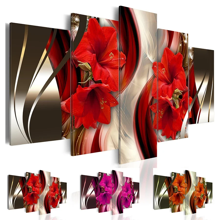 Red Orange Purple Lily Flowers Posters 5Pcs Canvas Wall Art Pictures Decoration Living Room Accessories Home Decor Paintings