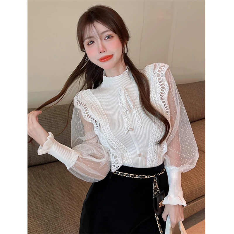 White Bow Fungus Shirt Grunge Crop Top Ropa Mujer Graphic T  Bottom Knit Chiffon  Slim Puff Black Polka Dot