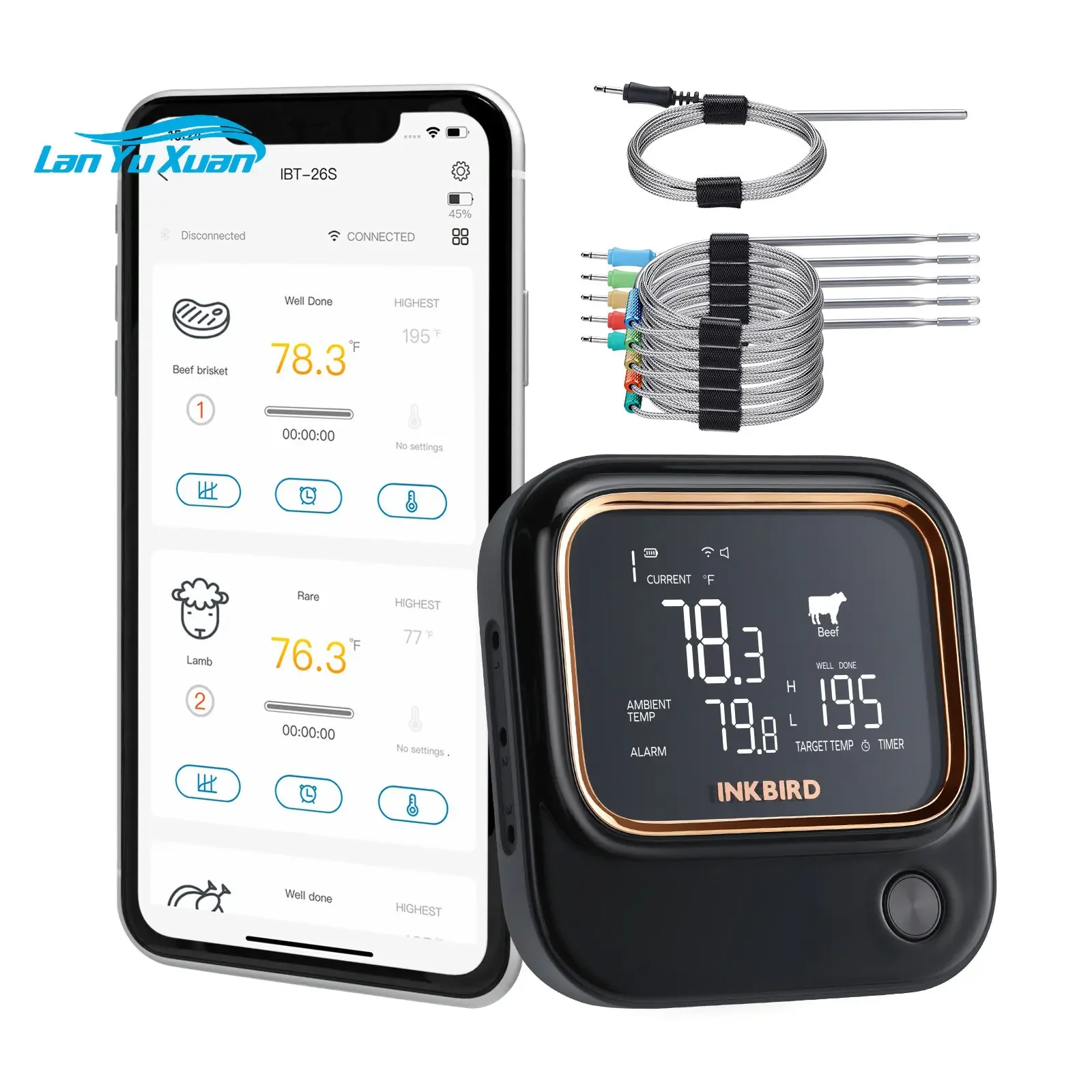 INKBIRD IBT-26S Wi-Fi BBQ Thermometer, with 6 Food-grade Probes, APP Control, USDA Meat Presets, Temperature  and Timer