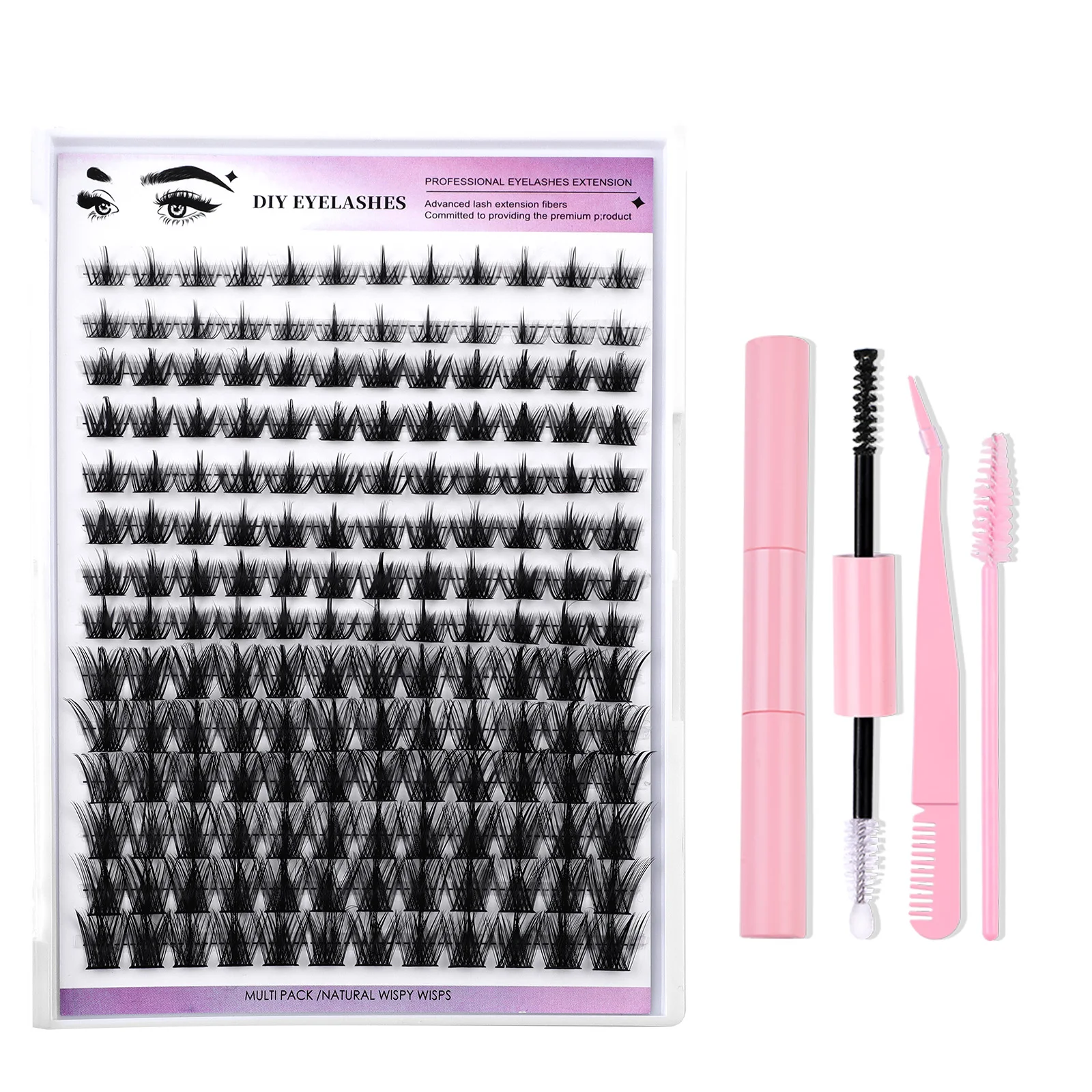 8-16mm DIY 14Rows Mix Clusters Kit  Lash Bond and Seal and Tweezer Accessories Self-Grafting EyeLashes Extension At Home