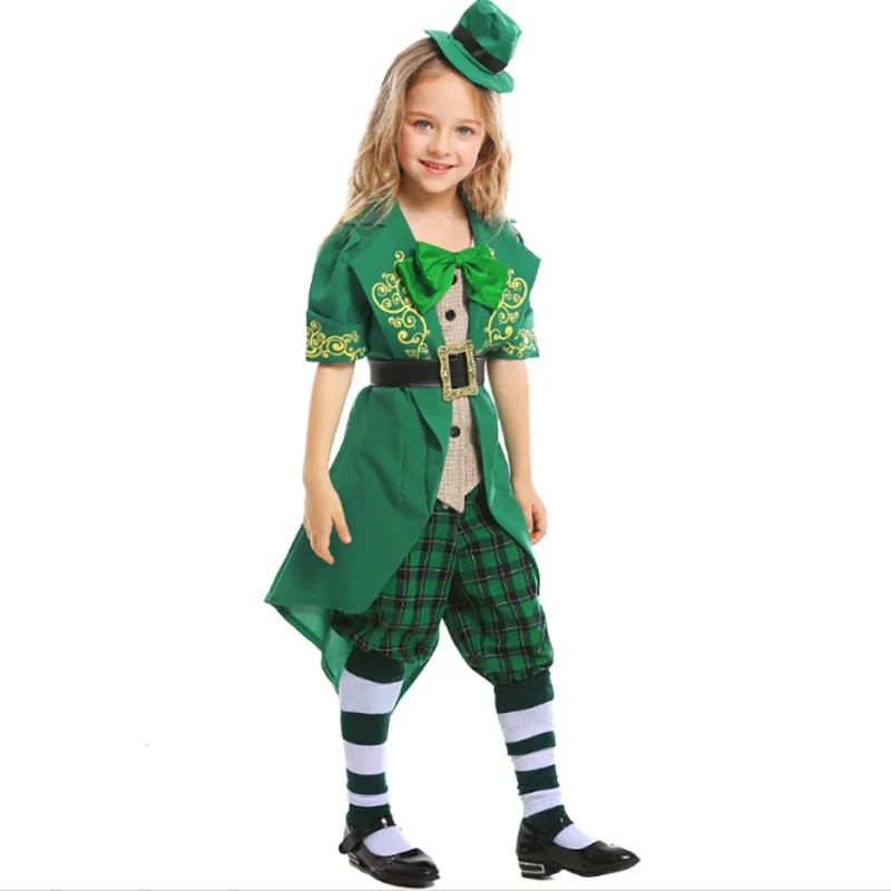 Fantasia Mädchen Kinder St. Patrick's Day Cosplay Kostüm Glücksbringer Thema Outfit für Kinder Karneval Irland Kobold Kostüm