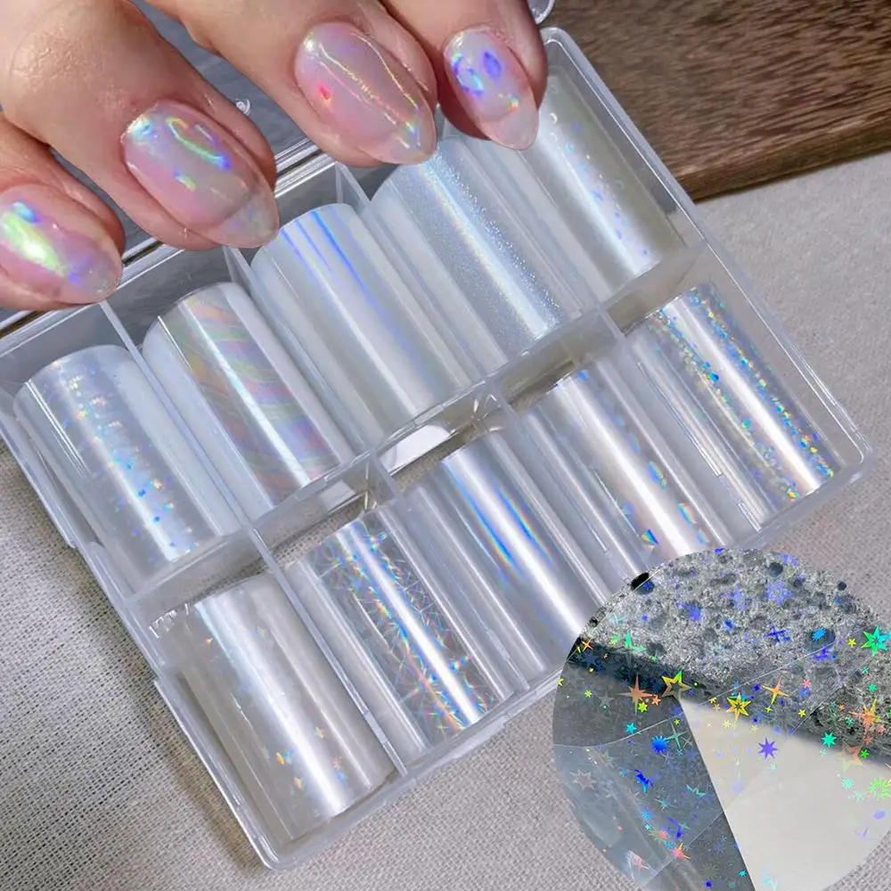 10Rolls/Box Laser Aurora Nail Foil Stickers 4x50cm Iridescent Star Glass Fragment Transfer Decal for Nails Art Decoration Slider
