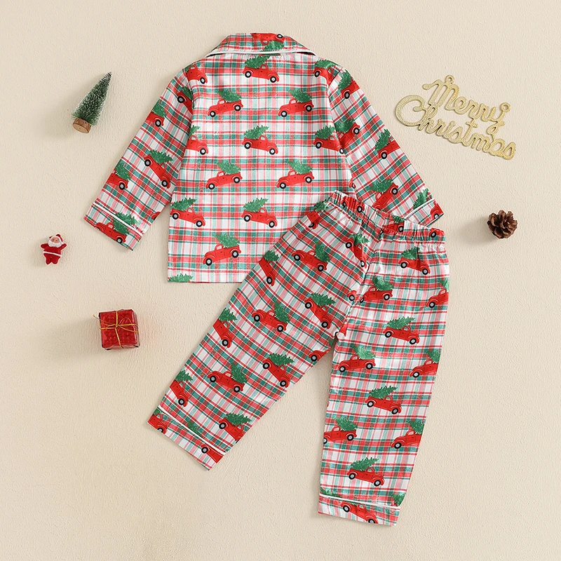 Toddler 2Pcs Christmas Pajamas Long Sleeve Red Truck Tree Print Shirt and Pants Set Baby Loungewear