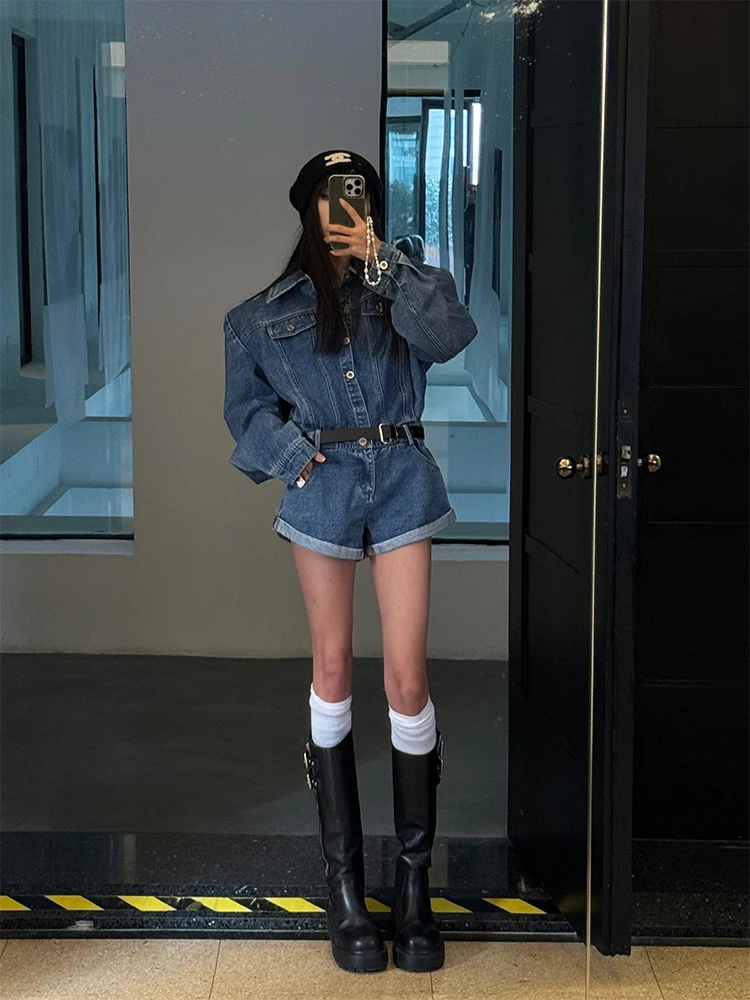 WARDEN EDGE Blue Denim Jumpsuit Women Vintage High Waist Romper Autumn Loose Fit Wide Leg Slim Playsuit Casual Streetwear