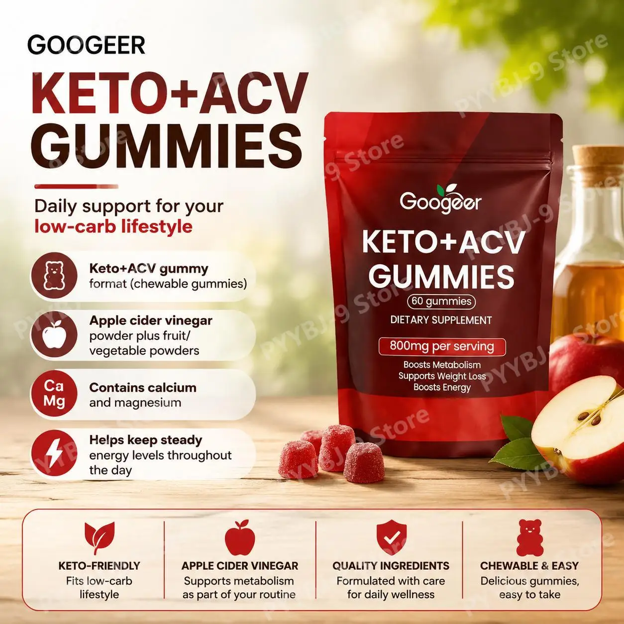 Googeer KETO+ACV Gummies, Metabolism and Weight Management Support, Daily Energy Balance for Low-Carb Routines, 60 Gummies