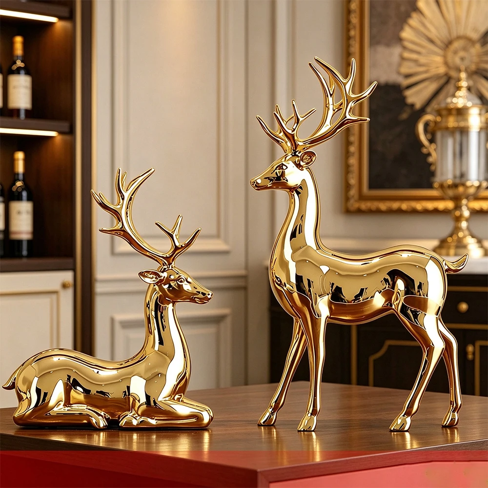 2Pcs Golden Reindeer Figurine Set Electroplated Resin Deer Statue Luxury Tabletop Ornament Christmas Home Decor Elk Sculpture