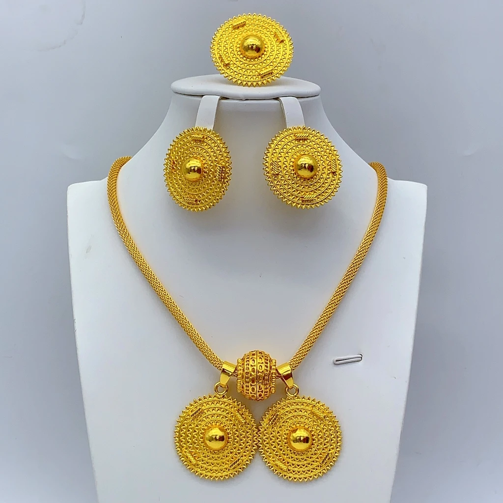 Luxuriöse Äthiopische 24k Goldfarbene Schmucksets für Frauen Dubai Braut Zweier-Rundhalsketten- und Ohrring-Set Hochzeitsgeschenke – Detail 2