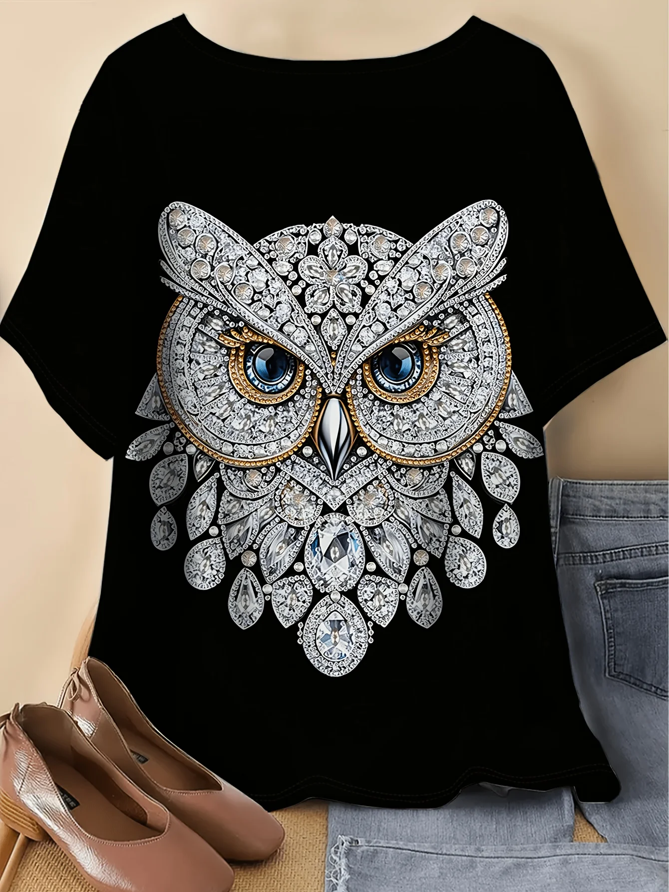 Women Round Neck Short Sleeve T‑shirt Sparkling Rhinestone Style Owl Graphic Print Loose Casual Daily Tee Top Women's Clothes