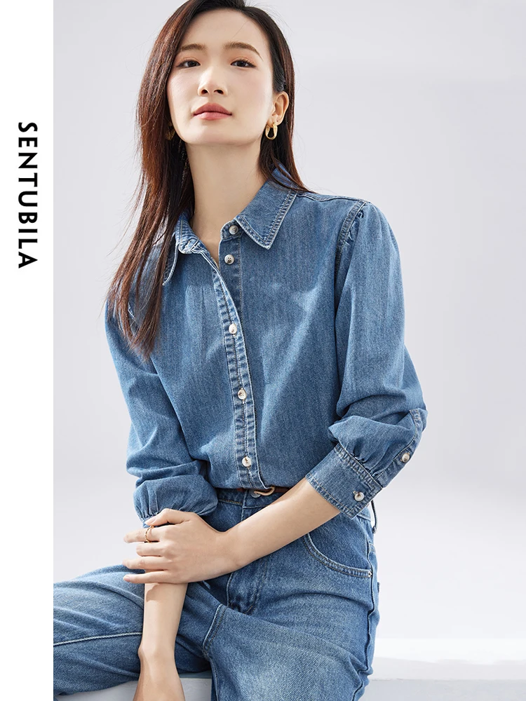 SENTUBILA Blue Denim Shirt Women 2024 Fashion Spring Vintage Long Sleeve Womens Tops Female Button Down Shirt Jacket W41C53114