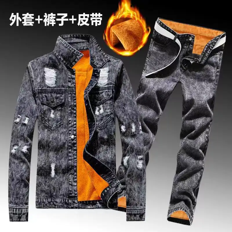 Winter Men Fleece Lining Thick Warm Denim Two Piece Set Slim Fit Cowbody Jacket Jeans Suit Cargo Sets