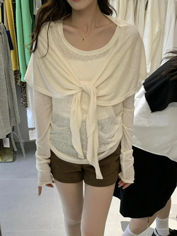 

Белые футболки в корейском стиле Deeptown, женские милые элегантные прозрачные винтажные футболки Y2k, свободные тонкие топы с длинными рукавами, уличная одежда