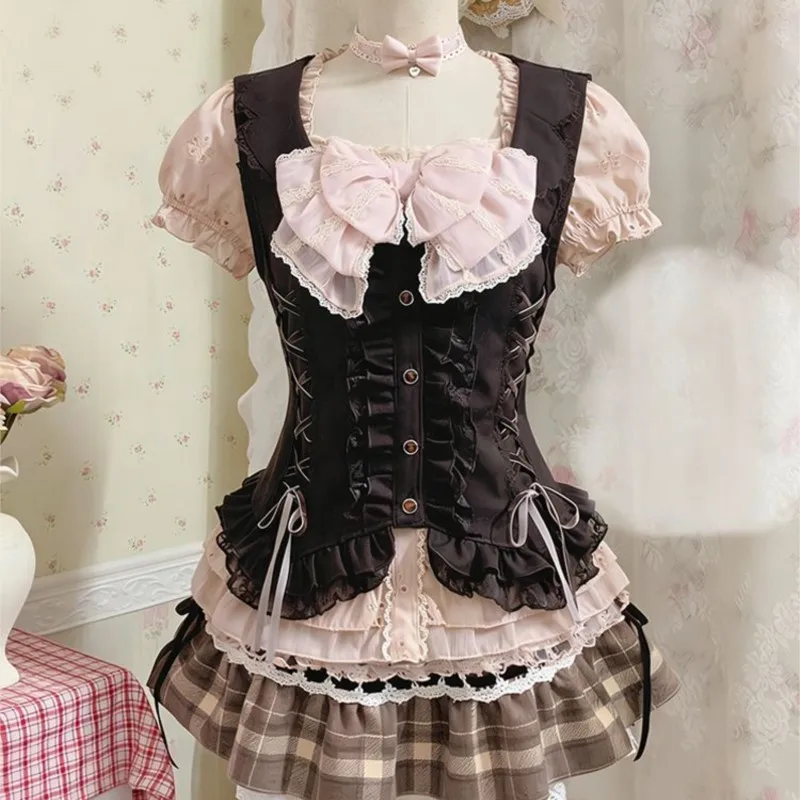 Zoete Jurken 3-delige set Y2k 90s Crop Top Kawaii Sexy Harajuku Japanse Sling+Top+Minirok kant Slanke Zomermode Jurk Chic - afbeelding 2