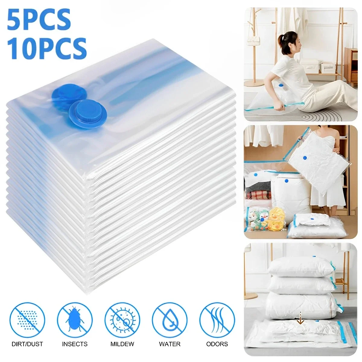 10Pcs Vacuum Storage Bags Reusable Saver Bags Closet Seal Compression Bags Leak-Proof Vacuum Packing Bags Clear Space Travel