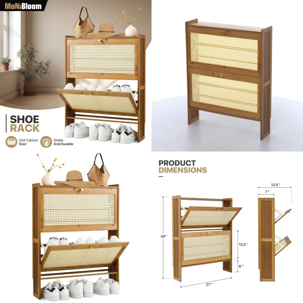 

34x27x7 inch brown shoe storage bamboo organizer narrow cabinet with flip door space saving entryway closet shelf modern