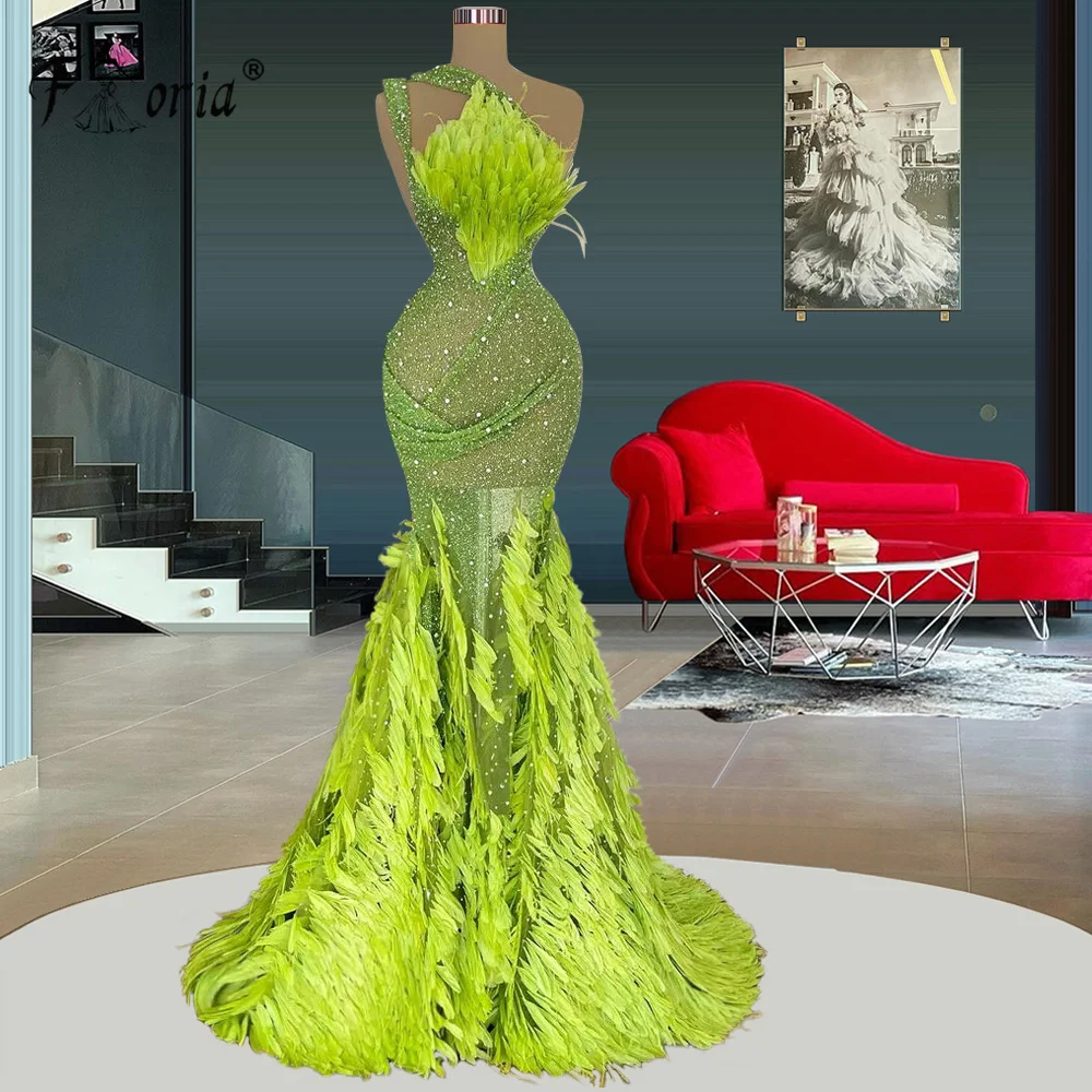 

Luxury Feather Sequin Mermaid Formal Event Dress Apple Green Arabic Couture Formal Evening Party Dresses Celebrity Occasion Gown