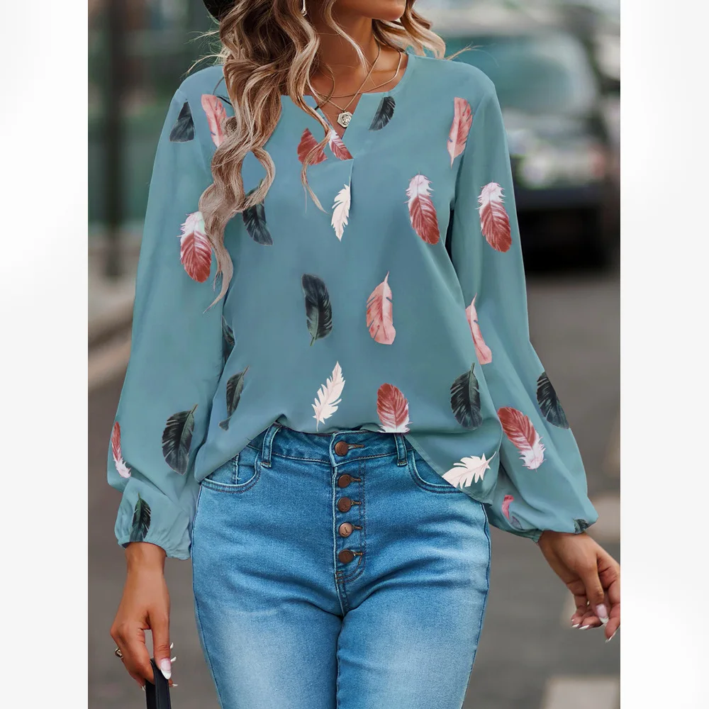 Temperament Elegant V-neck Feather Painting Printing Long Sleeve Loose T-shirt Flare Sleeve Women's Tops