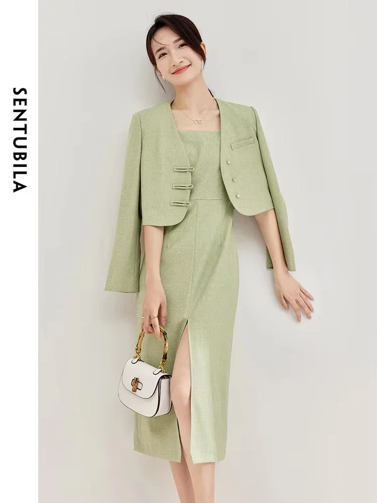 SENTUBILA Neo-chinese Style Matching Sets  for Women 2025 Spring Summer Slit dress Set 2 Pieces Retro Crop Jackets 133Z51189