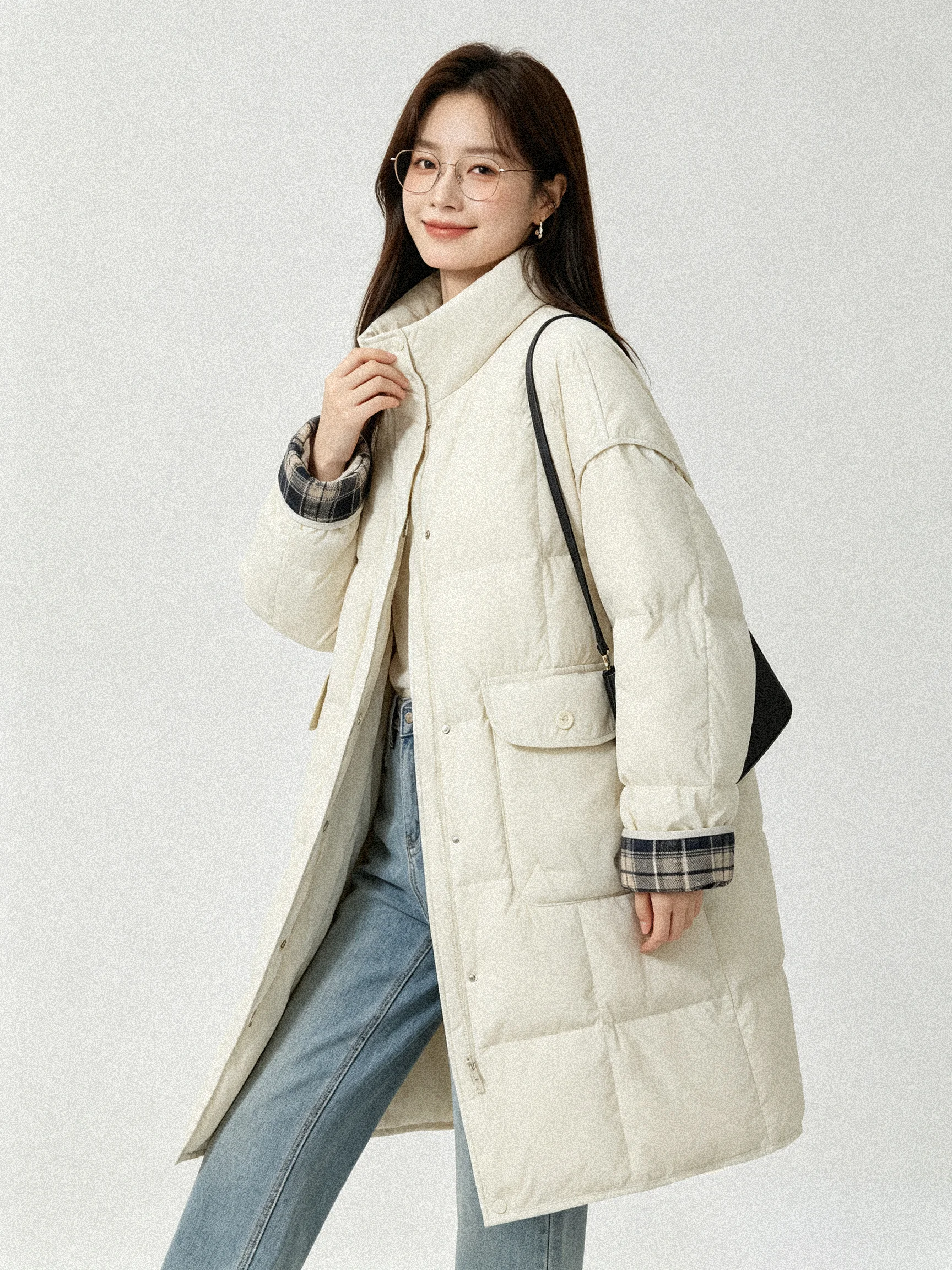 Lightweight Korean Style Retro Plaid Stand Collar down Jacket Coat Mid-Length Versatile Warm Fashionable Women's Winter Outer...