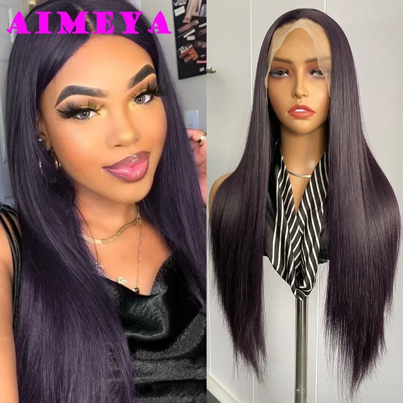 AIMEYA Dark Purple Long Silky Straight Wig Synthetic Lace Front Wigs for Women Heat Resistant Natural Hairline Daily Wear