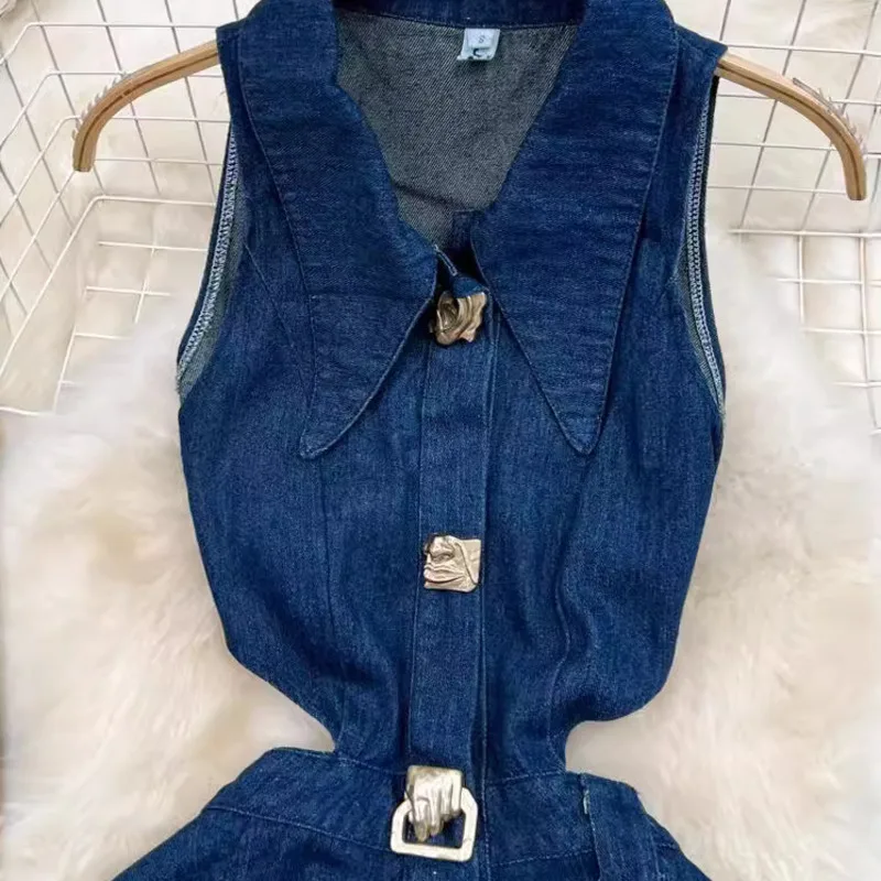 Denim Hollow Waist Sleeveless Vest Dress Women 2024 Fashion Retro Button Single Breasted A-line Split Denim Lapel Loose Dress