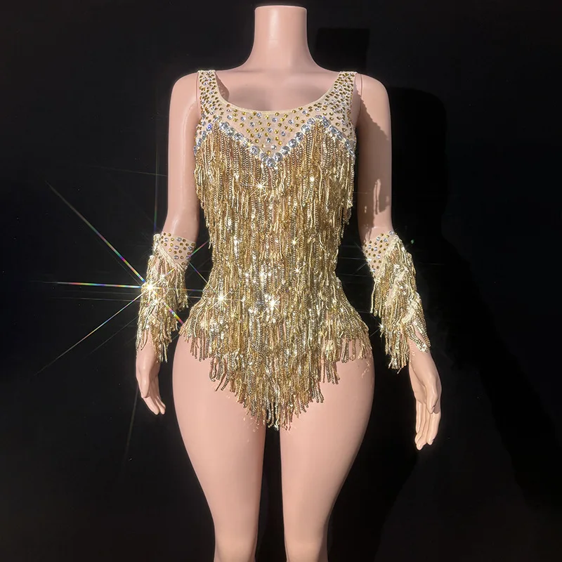 Body dorado con flecos y diamantes de imitación brillantes para mujer, traje de baile de club nocturno, borlas brillantes, ropa de escenario de una pieza, Mangas de vestido de cantante