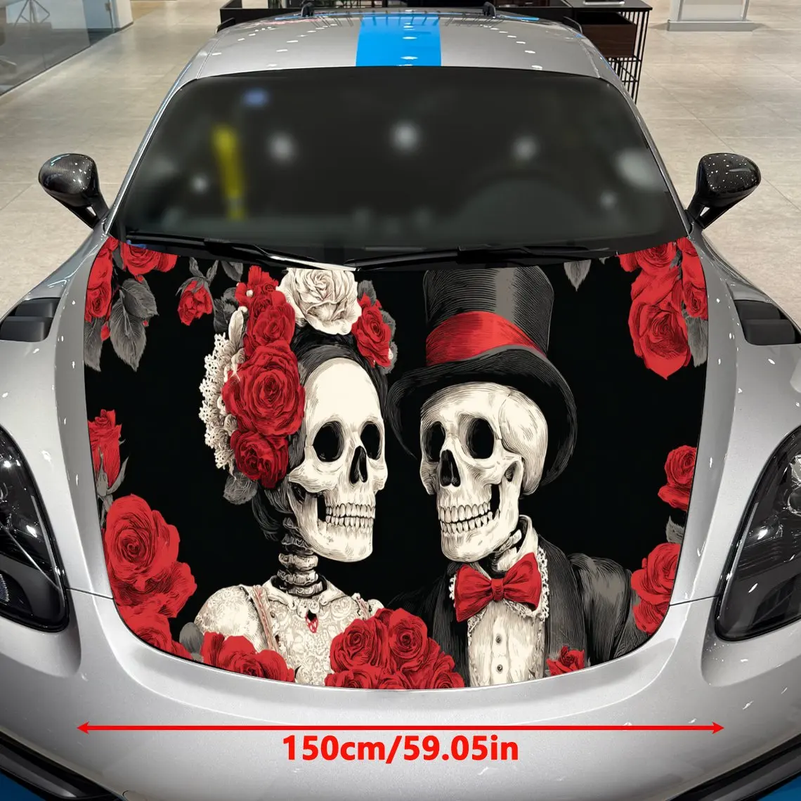 Enchanting Day of the Dead Skull Couple Car Cover Sticker, Auto Hood Decal, Car Exterior Scratch Resistant Decal, Trendy Gift fo