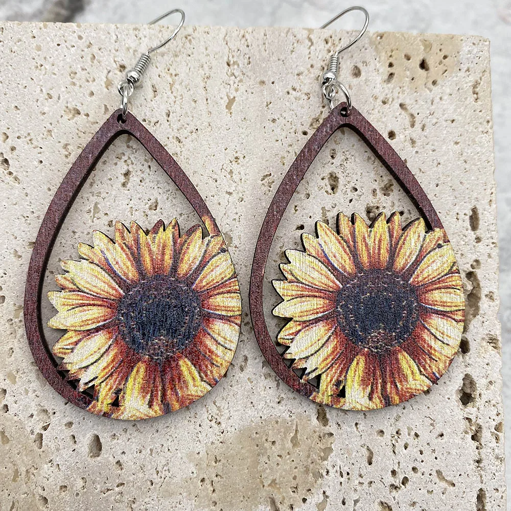 Laser Cutout Wood Sunflower Cactus Teardrop Earrings for Women New Arrival USA Popular Jewelry Boutique Gifts Thanksgiving