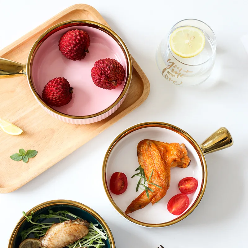 Ceramic baking bowl with handle, Nordic gold border fruit bowl, salad bowl, tableware, breakfast bowl, instant noodle bowl