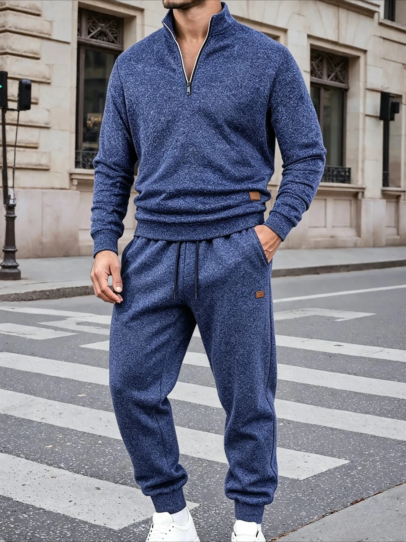 Cool Season Mens Plain Non-Hood Matching Outfit Stand Neck 1/4 Zip Fleece Top Rib Cuff Jogger Sweatpants Side Pocket Multi Shade