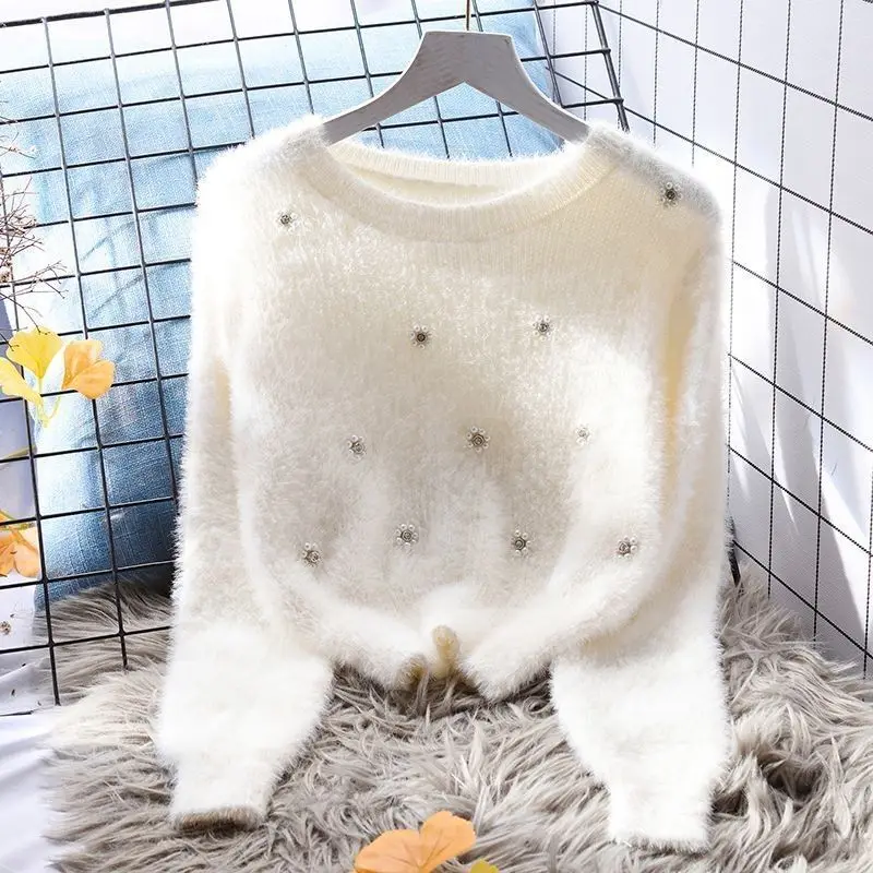 Mink fur round neck pullover sweater for women's loose autumn/winter 2024 new Japanese sweet knit sweater