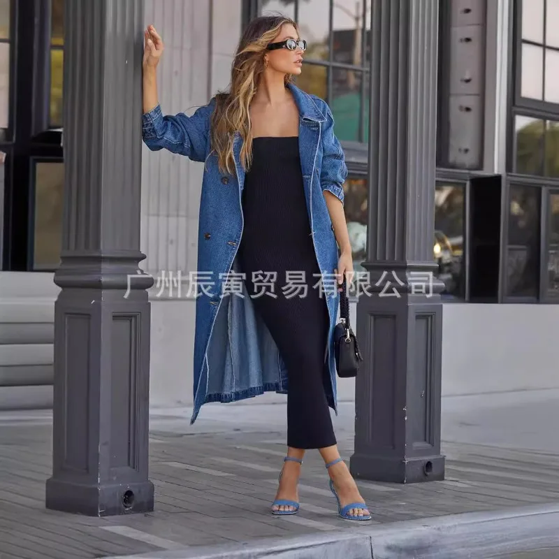 New European and American Autumn and Winter Women's Trench Coat Denim Solid Color Double Pockets Long Button-down Loose Coat