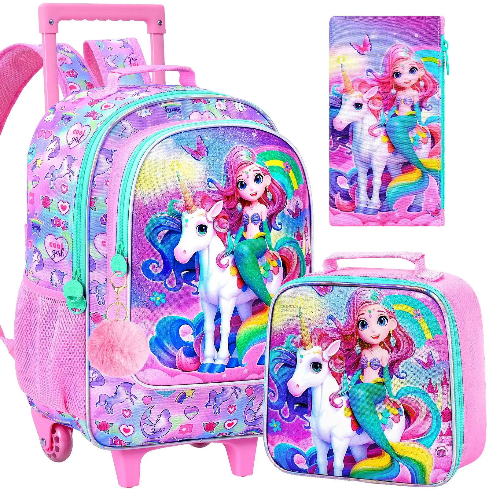 3Pcs Girls Mermaid Unicorn Rolling Backpack Set Rainbow Fantasy Trolley Bag with Handbag Pencil Case for Kids School Trip