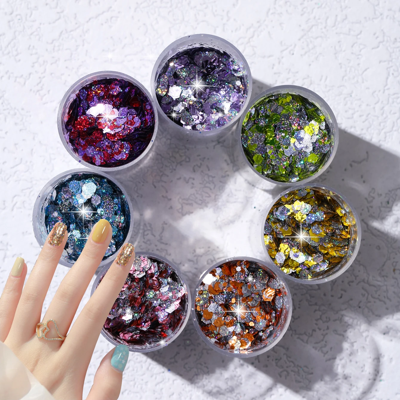 7 flaschen Heiße Verkäufe hohe kapazität metallic farbe Nagel Glitter Set Holographische Mix Nagel Zubehör Nail art Dekoration